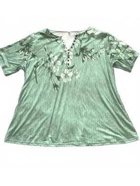 Plus Size Green Floral Stretch Top Button Detail Size 5XL